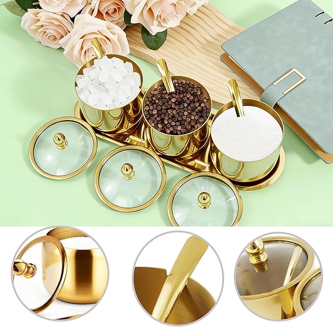 Sugar Bowl Set - 3 Grid Condiment Jars with Glass Lids & Spoon、Reusable Stainless Steel Canisters with Tray for Sugar, Spice, Salt - Stylish Kitchen Storage Containers