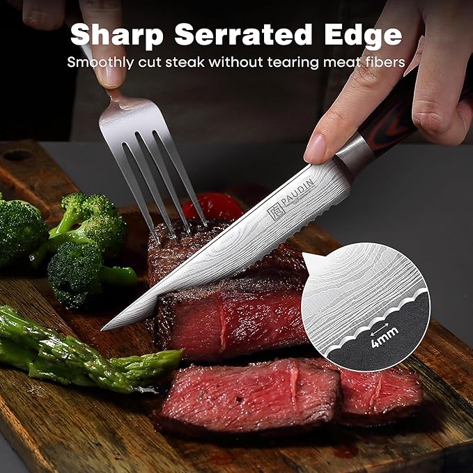PAUDIN Steak Knives 4.5 Inch, Steak knives Set of 8, High Carbon Stainless Steel Steak Knife Set, Sharp Serrated Steak Knife with Pakkawood Handle, Kitchen Steak Knife Set with Gift Box