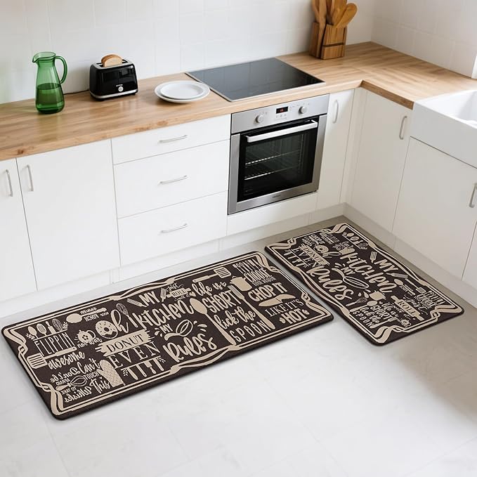 GENIMO Kitchen Mats for Floor 2PCs, Washable Anti Fatigue Mat for Cushioned, 17.3"x59"+17.3"x30", Waterproof Kitchen Rugs, Non Slip Comfort Standing Mat Rug for Sink, Laundry, Home, Coffee