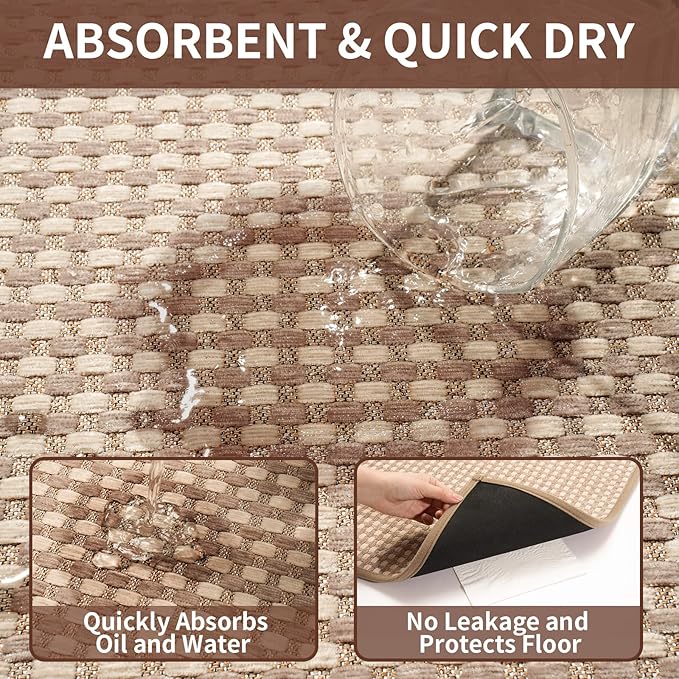 Long Kitchen Runner Rugs Kitchen Mat Non Slip Washable, Super Absorbent Soft Chenille Braided Kitchen Mats for Floor, Rubber Backing Kitchen Floor Sink Standing Mat, Easy Clean, Brown 24"x71"