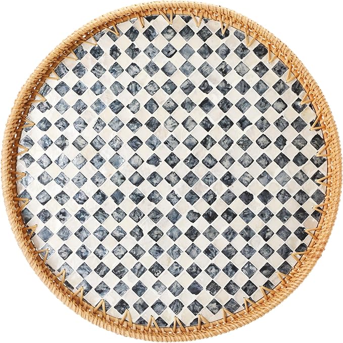 16 inch Round Rattan Tray with Mother of Pearl Inlay Wicker Serving Tray with Wooden Base Boho Decorative Wicker Basket for Table Decor Bathroom Candle Perfume(Black Checkerboard)