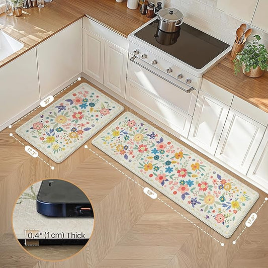 GENIMO Kitchen Mats for Floor 2PCS, Cushioned Kitchen Rugs Non Slip Washable, Farmhouse Anti Fatigue Mat Waterproof, Comfort Standing Mat Rug for Office, Home, Laundry, 17.3"x59"+17.3"x30", SoftWhite
