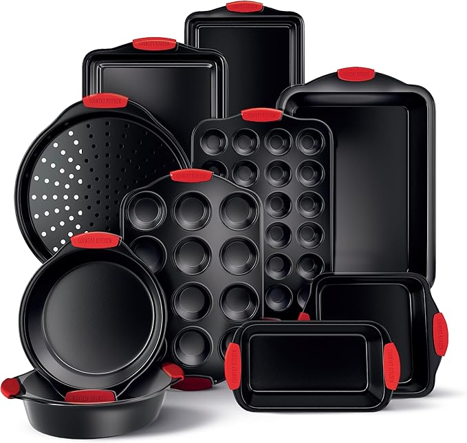 Country Kitchen Nonstick Stackable Bakeware Set - Heavy Duty, Durable, Easy Release Baking Set, Red, 10 Pcs