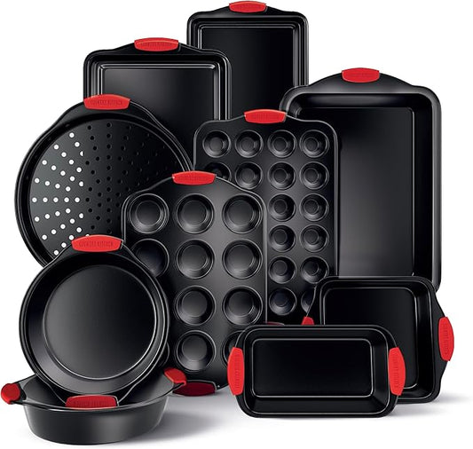 Country Kitchen Nonstick Stackable Bakeware Set - Heavy Duty, Durable, Easy Release Baking Set, Red, 10 Pcs