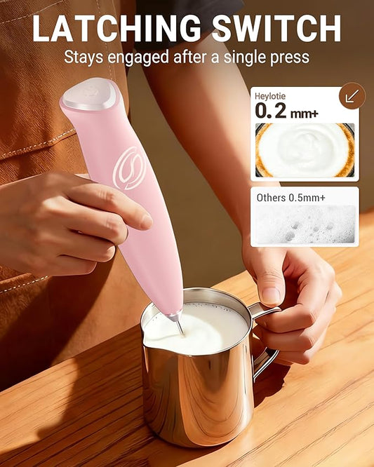 HeyLotie Milk Frother With Stand Handheld Frother Wand Drink Mixer Handheld Coffee Stirrers Electric Frother for Coffee Mixer Wand with 2 Whisk frother for protein powder-Pink