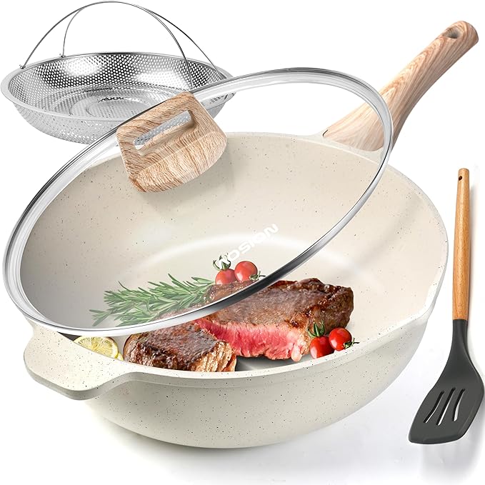 AOSION 11 Inch Nonstick Ceramic Deep Frying Pan Skille with Lid,5QT Sauté Pan for Cooking with Steam Rack,Healthy Large Skillet,Stay Cool Handle, Induction Compatible, PFOA & PFAS Free.(WHITE)