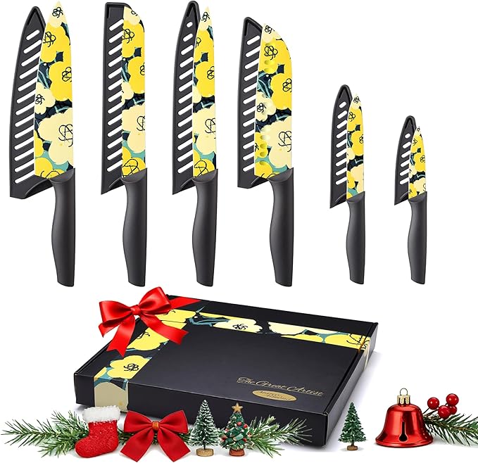 Marco Almond Knife Set Artistic Designed Pattern Kitchen Knife 6 Stainless Steel Kitchen Knives w 6 Blade Guards, Dishwasher Safe Knives for Family Kitchen Knives Set for Chefs