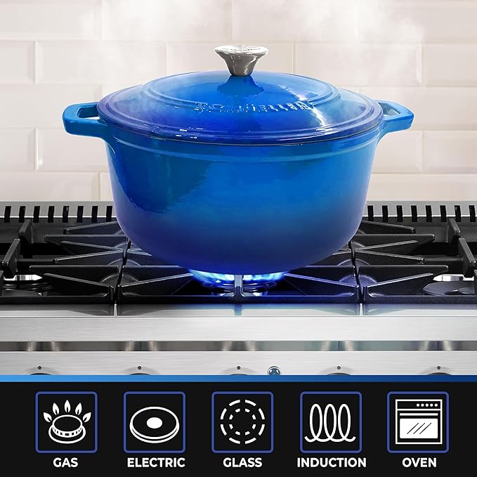 Mueller 6qt Enameled Cast Iron Dutch Oven, Heavy-Duty Casserole and Braiser Pan with Lid and Knob, Oven-Safe up to 500° F & Across All Cooktops, Aqua Blue