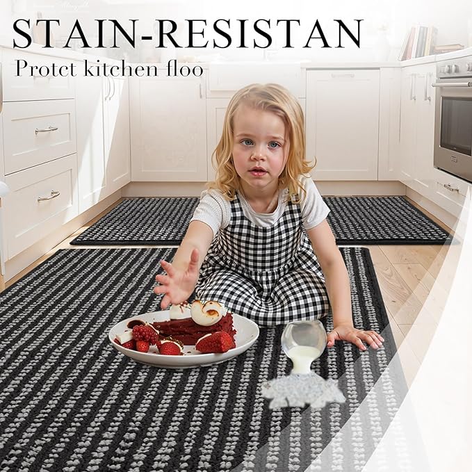 Kitchen Rugs,Non Slip Absorbent Kitchen Mats for Floor-Thick Stain Resistant Washable Kitchen Floor Mat Runner Carpet for Hallways,Entryway,Laundry Room,Sink(17"x29"+17"x59",Black,Roll Package)