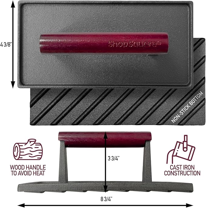 Cast Iron Grill Press - 8 x 4 Inch, 2.6 lb Griddle Press with Cool-Touch Wood Handle - Pre-seasoned for Steak, Burgers, Sandwiches, and Paninis – Non-Stick Grill Weight