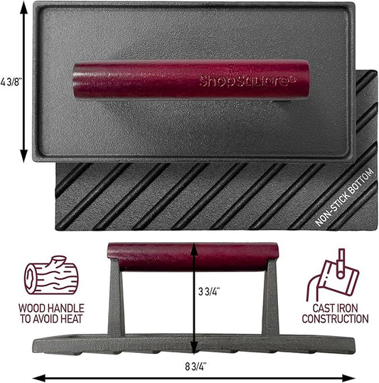 Cast Iron Grill Press - 8 x 4 Inch, 2.6 lb Griddle Press with Cool-Touch Wood Handle - Pre-seasoned for Steak, Burgers, Sandwiches, and Paninis – Non-Stick Grill Weight