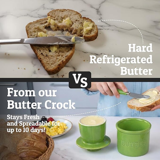 PriorityChef Butter Crock with Lid with Water Line, Ceramic French Butter Dish to Leave On Counter, Green