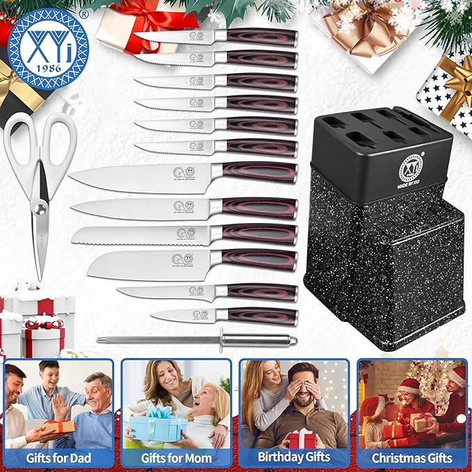 XYJ Authentic Since 1986, Knife Block Set, Kitchen Knives Set With Holder, Scissors, Professional Japanese Chef Knife Set, Paring Bread Carving Slicing Knife, Steak Knives