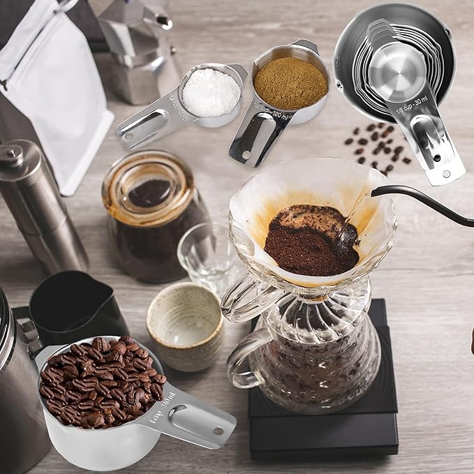 8 Pcs Stainless Steel Measuring Cup Set 16 8 6 5 4 3 2 1 oz Single Metal Measure Scoop for Wet and Dry Ingredients Cooking Great Kitchen Gadgets Dog Food Scoop