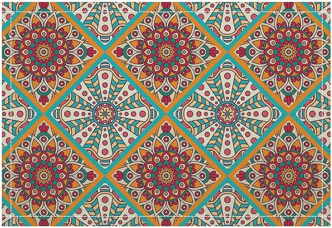 Boho Mandala Placemats Set of 4 Mexican Ethnic Traditional Pattern with Geometric Plaids Abstract Flower for Restaurant Home Kitchen Holiday Picnic Party Decor 12x18in