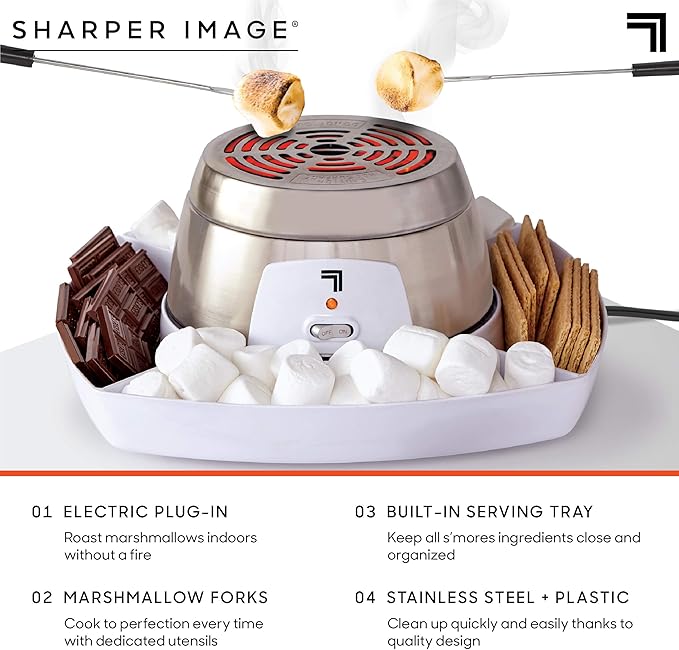 Sharper Image Electric Tabletop S'mores Maker for Indoors, 6-Piece Set, Includes 4 Skewers & 4 Serving Compartments, Easy Cleaning & Storage, Tabletop Marshmallow Roaster, Family Fun For Kids Adults