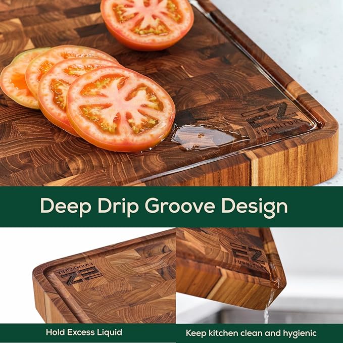 Combo 2 Teak Wood Cutting Board (Extra Large & Medium), End Grain with Juice Groove and Handles, Knife Friendly, Reversible, Suitable for Chopping Meat, Vegetables, Aesthetics for The Kitchen