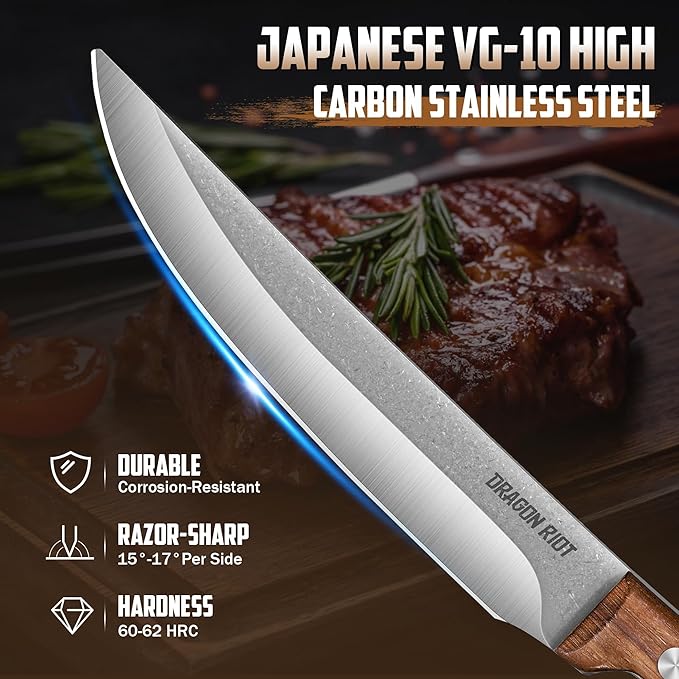 DRAGON RIOT Steak Knives Set of 4, Ultra Sharp Steak Knife Set Japanese VG-10 Stainless Steel Non Serrated Steak Knives Full Tang Wood Handle with Gift Box