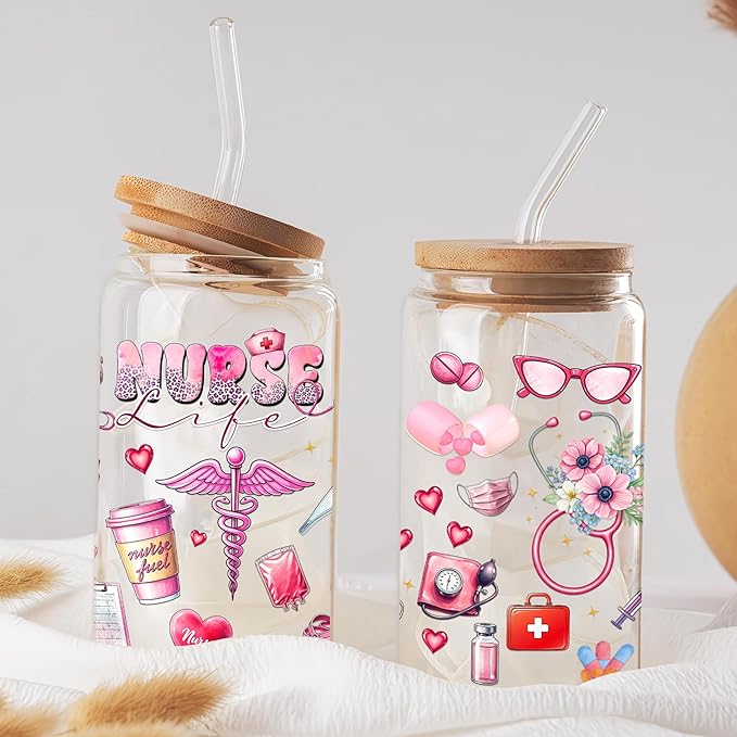 Gifts For Nurse - Nurse Life Glass Cup with Lid & Straw 16 Oz - Nurses Week Gifts - Nursing Student RN Practitioner Gift - Retirement Graduation Christmas Caregiver Appreciation Nursing Ideas