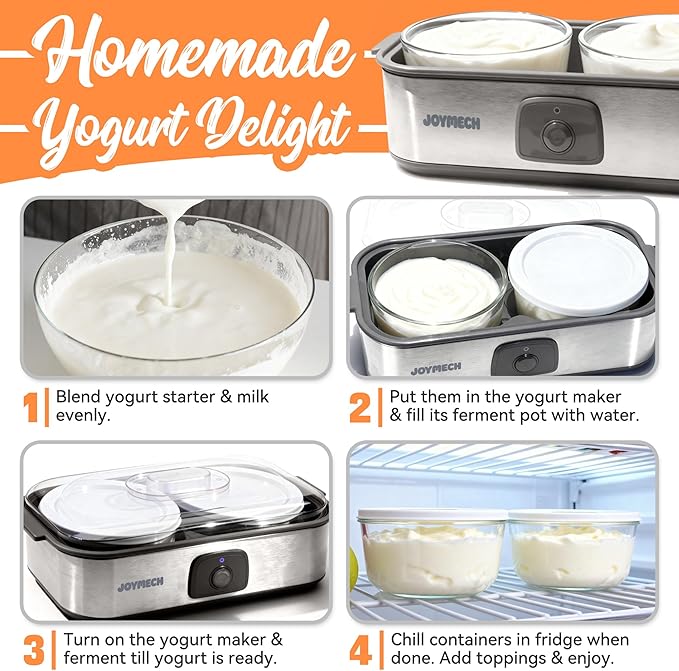 Yogurt Maker Machine with Two 1-Quart Containers for Larger Batches, Oatmeal, Pudding, or Jello, Food-Grade Martial, One-touch Control, Homemade Yogurt