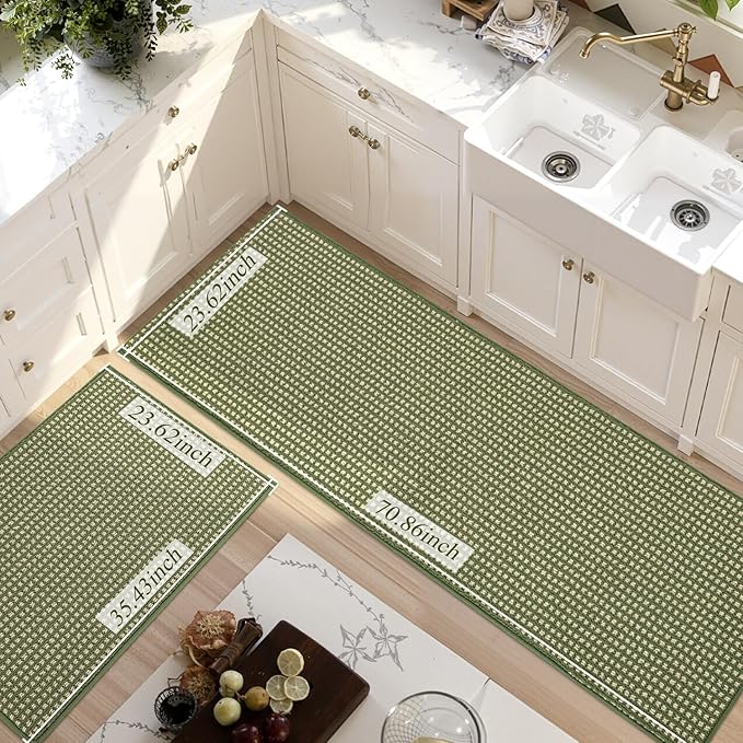 Kitchen Rugs,Non Slip Kitchen Mats for Floor-Thick Stain Resistant Kitchen Floor Mat Runner Carpet for Hallways Entryway Laundry Room Washable(24"x35"+24"x71",Green)