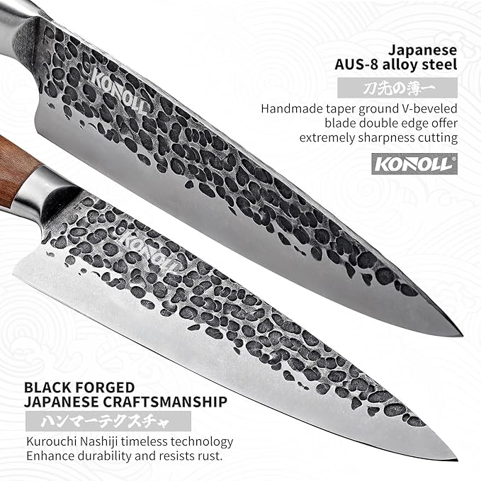 KONOLL Kitchen Knife Set of 5 pcs Japanese AUS-8 Steel Forged Handmade Chef Knives Set without block For Chef Gift Box knofe Set Ultra Sharp with Full Tang Large Wood Handle