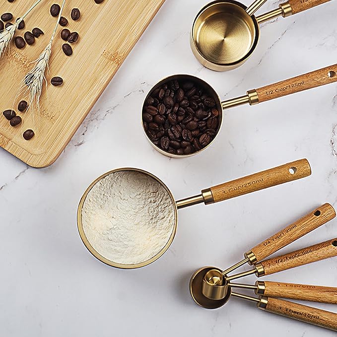 GuDoQi Gold Measuring Cups and Spoons Set of 8, Wood Handle with Metric and US Measurements, Premium Stainless Steel, Golden Polished Finish, Dry & Liquid Measuring Cup for Cooking and Baking