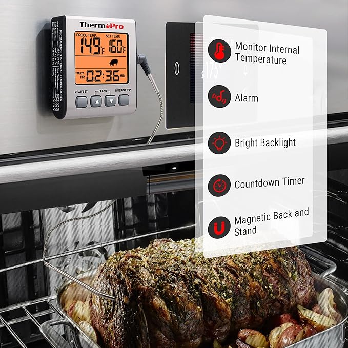 ThermoPro Digital Meat Thermometer for Cooking and Grilling, BBQ Food Thermometer with Backlight and Kitchen Timer, Grill Temperature Probe Thermometer for Smoker, Barbecue, Oven, Baking,Oil
