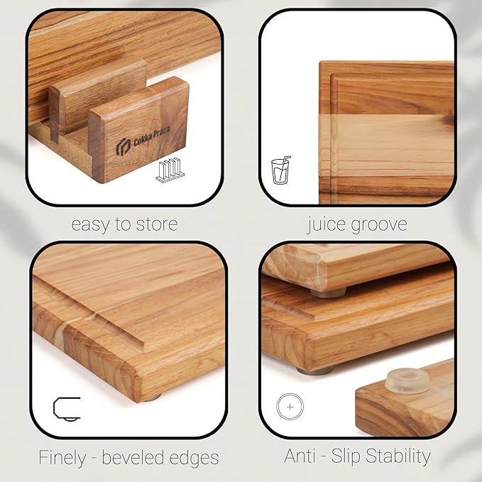 Cokka Praca Teak Cutting Board Set with Stand | 3 Pcs Durable Wooden Cutting Boards for Kitchen | Splinter-Free & No Cracking Design | Non-Slip Wood Cutting Boards with Deep Juice Groove