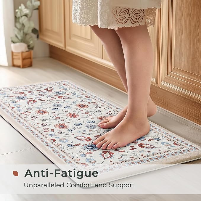 FRESHMINT Anti Fatigue Kitchen Mats for Floor 2 Piece Set, Waterproof & Non-Skid Vintage Floarl Kitchen Rugs, Cushioned Kitchen Mat for Standing Washable Comfort Desk Kitchen Runners, 17x30''+17x47''
