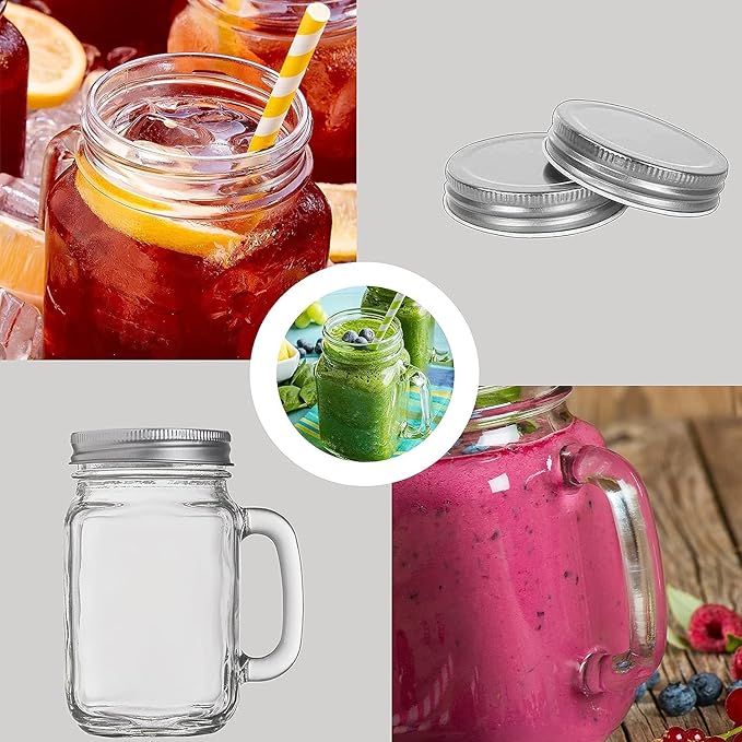 Mason Jar Cups, Mason Jars With Handle And Lids, Drinking Glasses Cups, Glass Mugs with Handles 16 oz –12 Pack