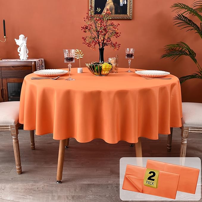 MEANMOY 2 Pack Orange 210 GSM Water & Stain Resistant Round Tablecloth - Solid 70 Inch Circle Table Cloth Cover in Wrinkle Free Washable Wipe Clean Polyester for Wedding, Party, Banquet (2 Pcs)