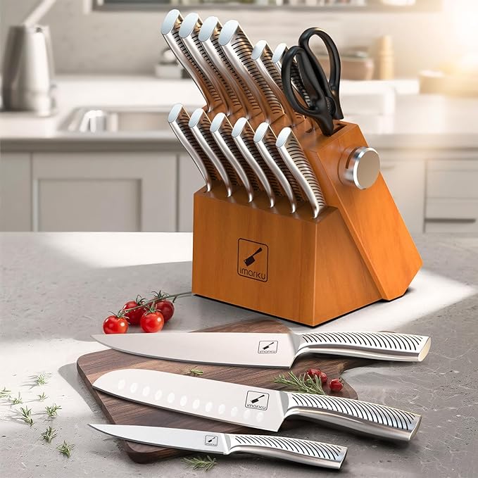 imarku Kitchen Knife Set, 14 Piece Premium Knife Block Set, Dishwasher Safe Knives Set for Kitchen, Razor Sharp Japanese Knife Set with Built-in Sharpener, Ergonomic Handle, Brown
