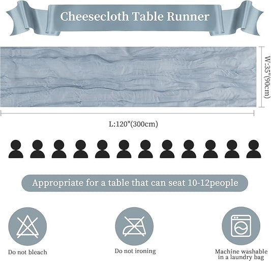 24 Pack Dusty Blue Cheesecloth Table Runner 10FT Long Boho Gauze Table Runner Rustic Sheer Runner for Wedding Bridal Baby Shower Birthday Party Table Decor Home Easter Thanksgiving Decorations