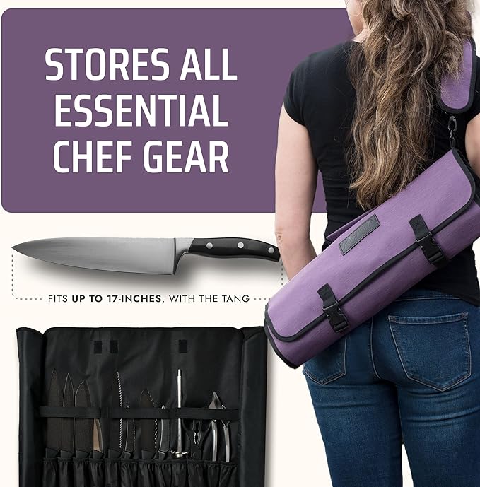 Asaya Chef Knife Roll Bag - 20 Total Pockets for Knives and Kitchen Utensils - Made with Stain Resistant Waxed Nylon - For Chefs and Culinary Students - Knives Not Included (Purple)