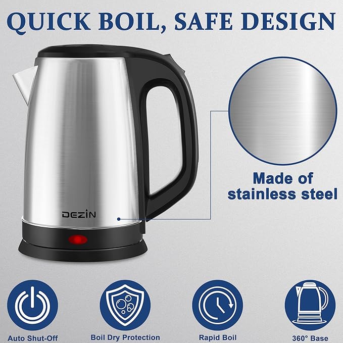 Dezin Electric Tea Kettle for Boiling Water, 2.5L Large Hot Water Boiler, Stainless Steel Fast Boil Water Heater, Electric Water Pot with Auto Shut-Off and Boil-Dry Protection 10 Cups for Family Use