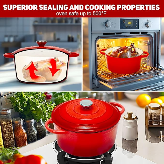 LEADKooKers 5QT Enameled Cast Iron Bread Oven with Proofing Basket for Bread Baking, Bread Making Supplies Tools,Heavy-Duty Cookware for Braising, Stews, Roasting, Bread Baking (Red)
