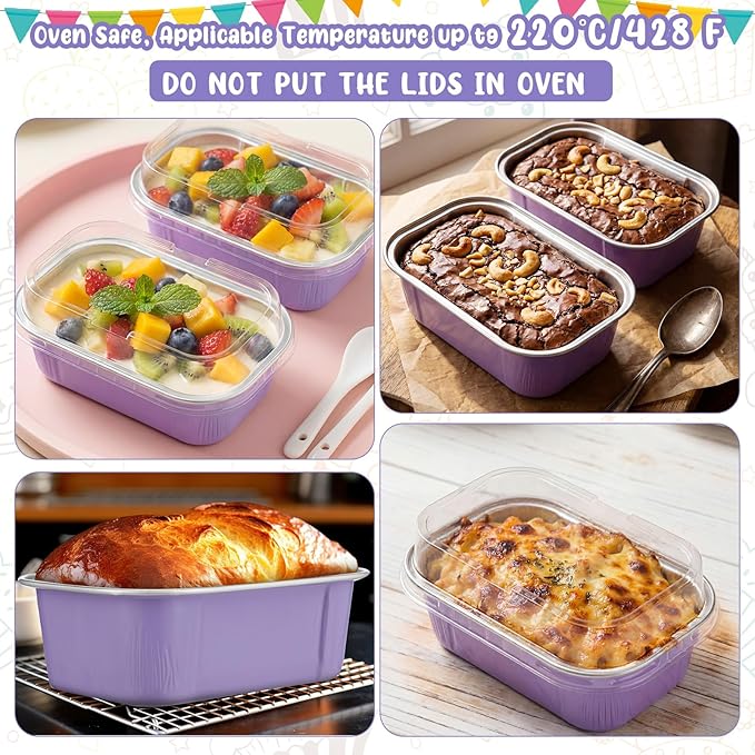 Vesici 100 Sets Mini Loaf Pans with Lids, 5.7 oz Disposable Aluminum Foil Baking Cups, Rectangle Cake Pans for Pudding Desserts Muffin Baking Storage Valentines Wedding Birthday Party(Purple)