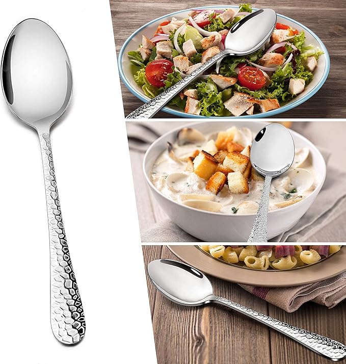Stainless Steel Hammered Dinner Spoons Set, E-far 6-Piece Modern Silver Large Soup Spoons for Home, Kitchen, Restaurant, Round Edge & Mirror Polished, Dishwasher Safe - 7.9 Inches