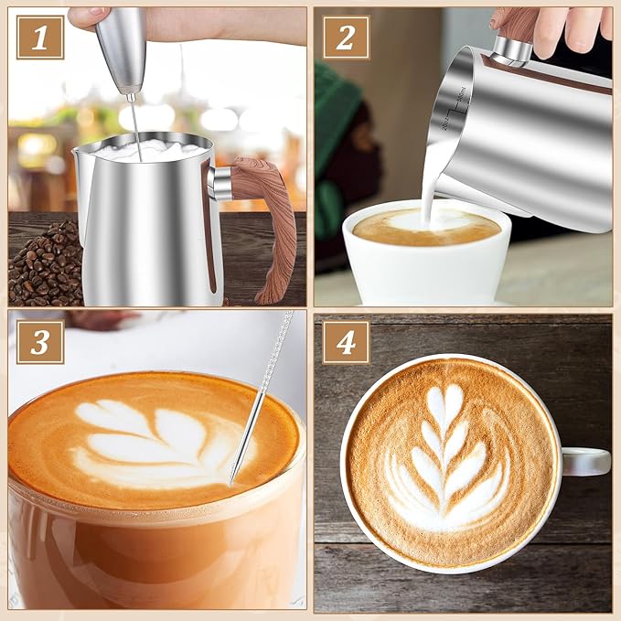 Milk Frothing Pitcher, 20oz/600ml Stainless Steel Milk Frother Cup Measurement, Barista Espresso Steaming Jug with Coffee Art Pen and Ergonomic Handle for Cappuccino Latte Art(silver,600ml)