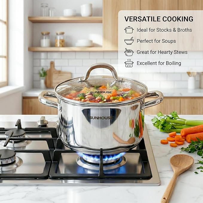 Sunhouse Professional 6.2-Quart Whole-Clad Multi-Ply Stainless Steel Stock Pot with Lid - Premium 18/10 Whole Body Clad Stock Pot - Induction Ready, Oven Safe & Dishwasher Safe Cooking Pot