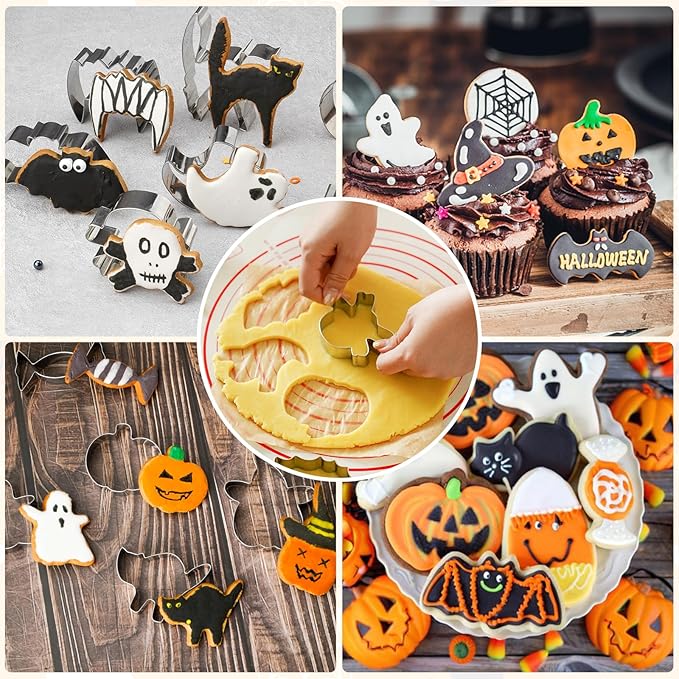 Cookie Cutters Set, 18-Piece Nonstick Baking Pans Set, Complete Cake Baking Set with Baking Pan Baking Mat Rolling Pin Spatula Clamp (Halloween)