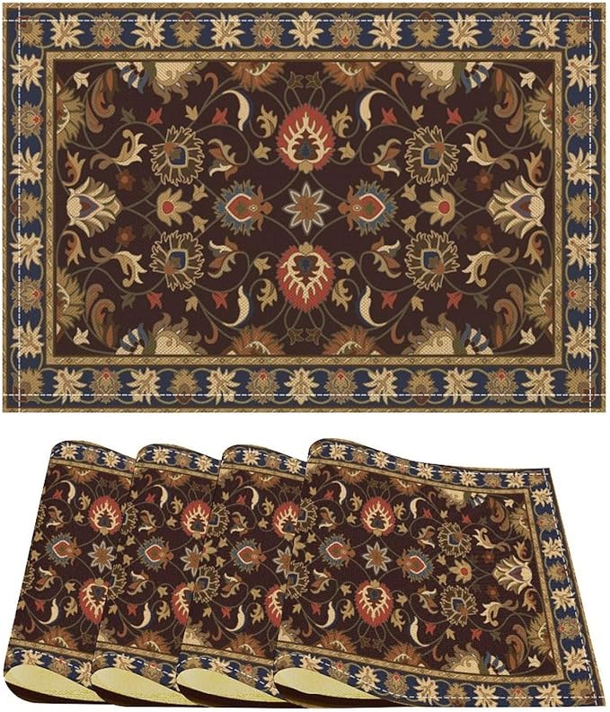 Boho Ethnic Placemats Retro Brown Flower Country Style Art Printed Dining Table Mats Set of 4 for Restaurant Home Kitchen Holiday Picnic Party Decor 12x18in