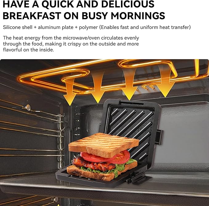 Microwave Toastie Sandwich Maker, Nonstick Plate Panini Maker, Versatile Wireless Small Toaster, Toastie Safe in Microwave Oven, Dishwasher Safe, Fast Cooking for Breakfast, Snacks, Black
