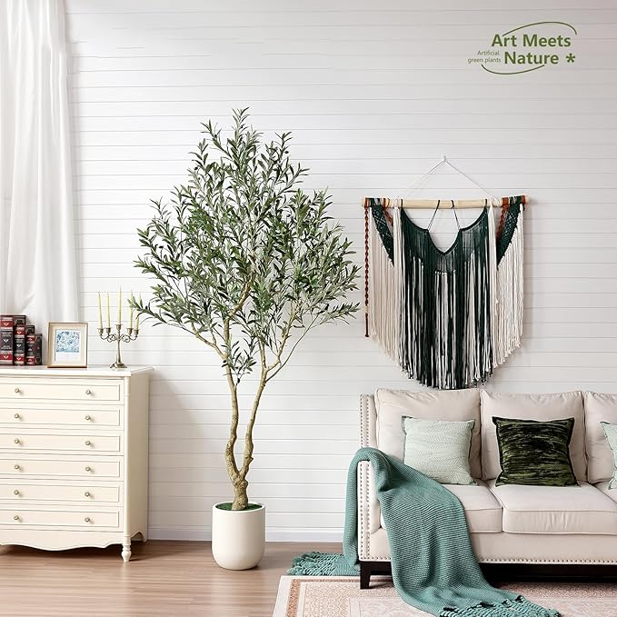 Artificial Olive Tree 8FT Tall, Faux Plants Indoor - Fake Plant with Lifelike Leaves,White Planter - Large Fake Olive Trees for Home Living Room Office Bedroom Floor Decor
