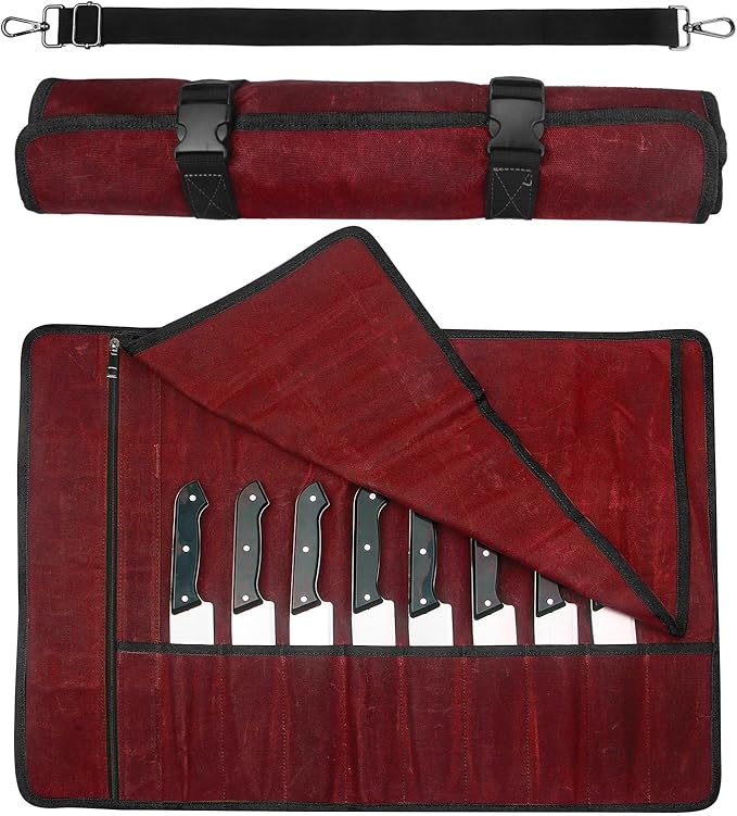 Chef Knife Roll Bag,Waxed Canvas Knife Travel Case,Heavy Duty Professional Knife Carrier Storage Holder with 10 Slots,Portable Kitchen Culinary Tool Organizer for Men,Fits up to 18.8” Knives.Burgundy