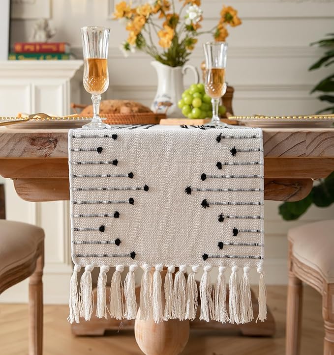 Boho Table Runner 13 x 72 Inch Long Natural Cotton Woven Runner with Tassels for Home Dining Table décor, for Modern Farmhouse Decor Coffee Table Runner, Black and Beige