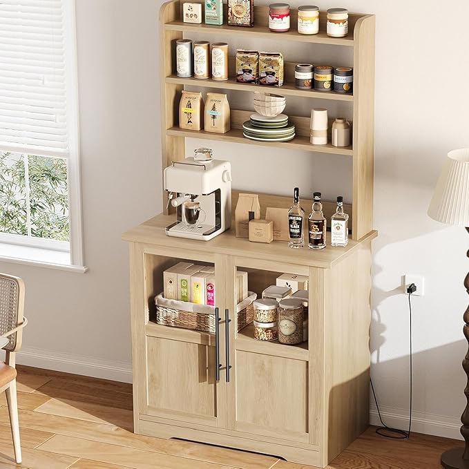 GAOMON Farmhouse Bakers Rack with Storage Cabinet and Power Outlets, Kitchen Pantry Organizer Hutch with Thickened Countertop, Microwave Stand with USB Ports, Multi-Shelf Storage, Wood