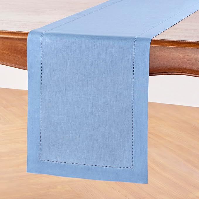 Solino Home Linen Cornflower Blue Table Runner 144 Inches Long - 100% Pure Linen Hemstitch 14 x 144 Inch Table Runner for Dining, Winter, Spring, Easter - Classic Hemstitch