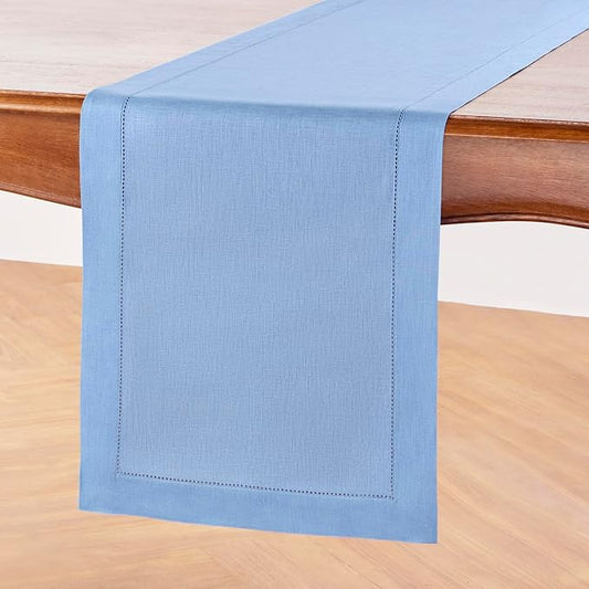 Solino Home Linen Cornflower Blue Table Runner 144 Inches Long - 100% Pure Linen Hemstitch 14 x 144 Inch Table Runner for Dining, Winter, Spring, Easter - Classic Hemstitch